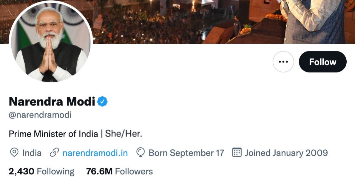 PM Narendra Modi Adds She/Her To His Twitter Bio To Celebrate Women’s Day